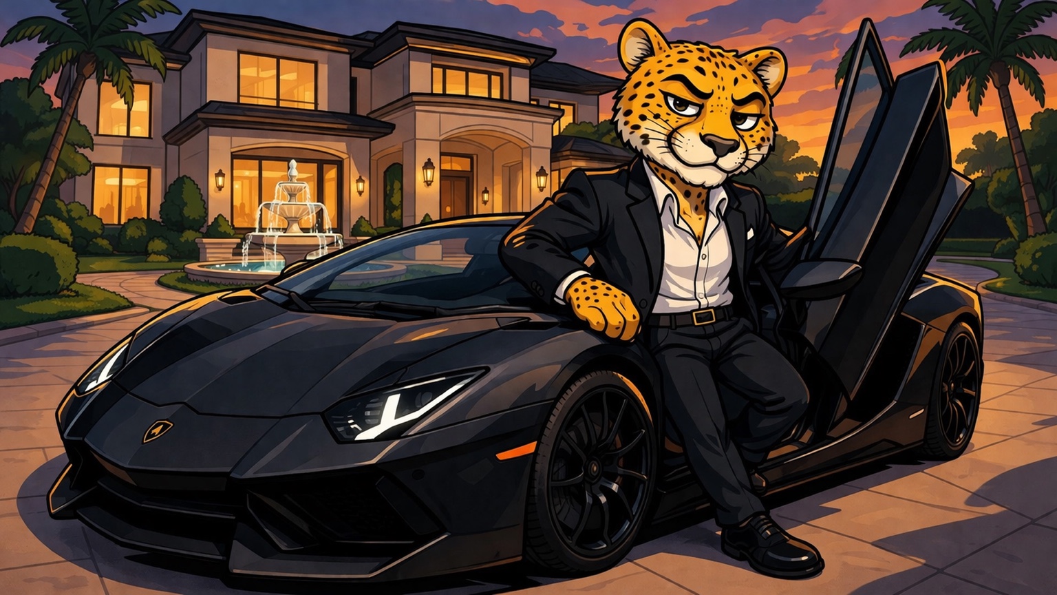 Keetopher stepping out of a black supercar in front of his mansion